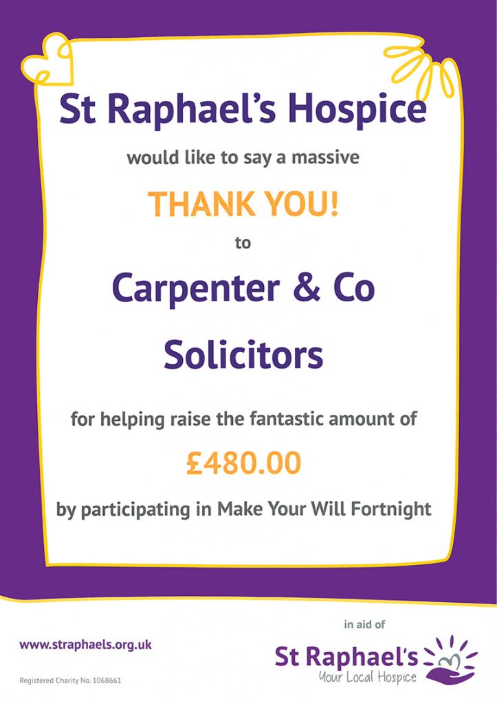 Carpenter & Co raises £480 in St. Raphael’s Hospice’s “Make your Will ...
